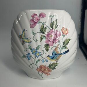 Vintage clam shell design Floral Bird Vase‎ Japan  Gold Trim Accent DecoR spring